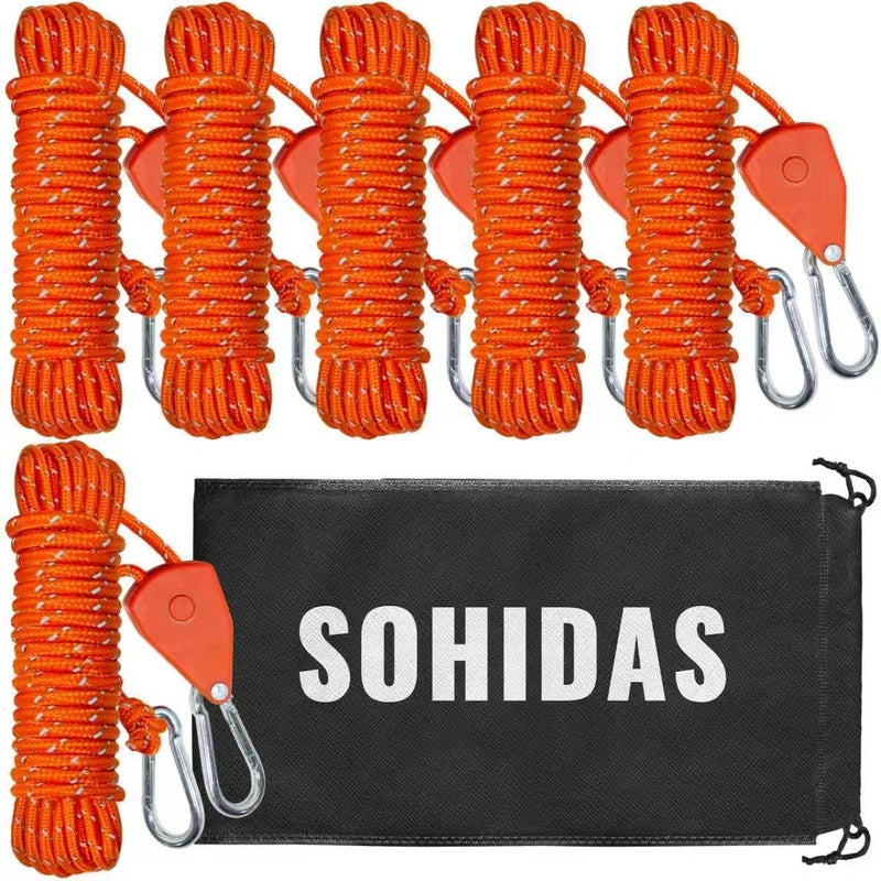 SOHIDAS Camping Rope Reflective Tent Rope Guyline with Ratchet Pulley, Tarp Tie Down Ropes for Tent Tarp, Canopy Shelter, Camping, 13ft Adjustable Guy Line for Canopy Tent 6 Pack Guy Lines Tents Cords - Image 1